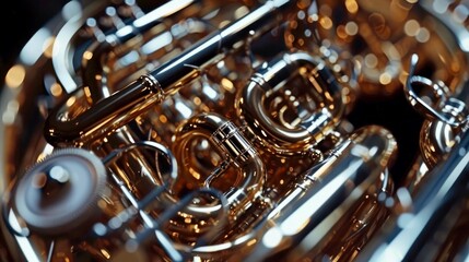 Close-up of polished brass musical instruments showcasing intricate tubing and craftsmanship.