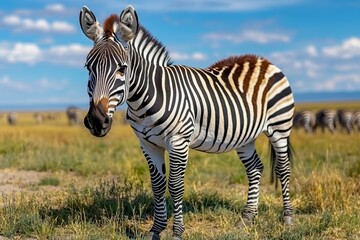 Obraz premium Zebra herd grazing peacefully, their black-and-white stripes standing out against the green grass in their open, spacious habitat