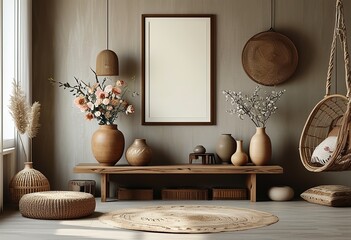 Blank Frame in Boho Living Room with Elegant Accessories, Vase of Flowers, Wooden Shelf, and Rattan Hut Decor. Made with Generative AI Technology