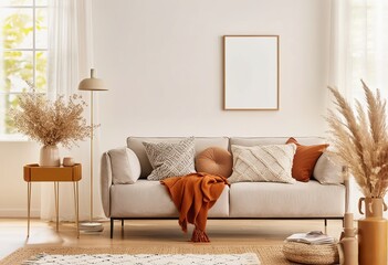 Blank Frame in Modern Living Room with Sofa, Yellow Side Table, Dried Flowers, and Decorative Accessories. Made with generative AI technology