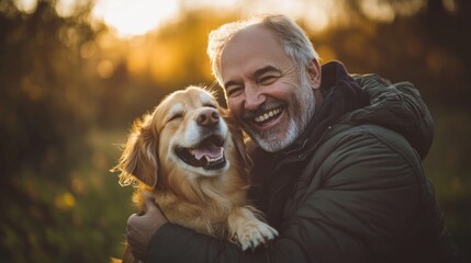 A happy senior man with a white beard is laughing with his golden retriever dog at sunset.