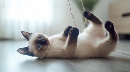 A playful Siamese kitten with blue eyes lies on its back and plays with a string on a wooden floor.