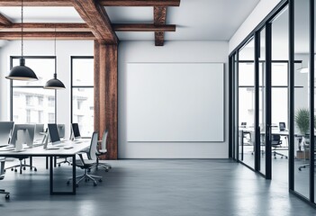 Contemporary Coworking Office Featuring Blank Billboard. Made with Generative AI Technology