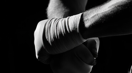 Closeup of a man's hands wrapped in white boxing tape, ready for a fight.