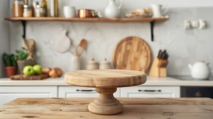 Wooden round table in modern kitchen, closeup