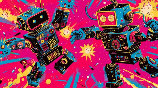 Colorful robots battling against a vibrant, explosive background.