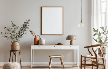 Cozy interior with an empty poster frame mockup. Made with Generative AI Technology