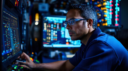 focused technician operates advanced control systems in dimly lit offshore control room, showcasing high tech equipment and intricate displays