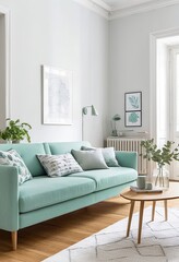 Scandinavian Living Room with mint Sofa, Furniture, and Elegant Decor. Made with Generative AI Technology