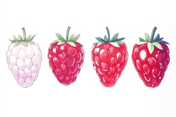 Collection of four fresh raspberries on a white background, Fresh raspberries on a white background