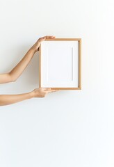 Woman Displaying Empty Photo Frame on White Background. Made with Generative AI Technology