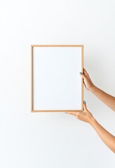Woman Displaying Empty Photo Frame on White Background. Made with Generative AI Technology