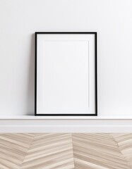 Vertical A4 Wooden Frame on White Wall with Wooden Floor Backgkround. Made with Generative AI Technology