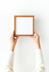 Woman Displaying Empty Photo Frame on White Background. Made with Generative AI Technology