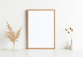 Wooden Frame Mockup on White Wall in Minimalist Interior Displaying Empty Space for Text or Product. Made with Generative AI Technology