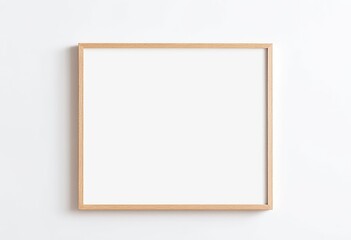 Wooden Frame Mockup on White Wall in Minimalist Interior Displaying Empty Space for Text or Product. Made with Generative AI Technology