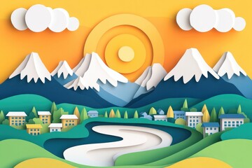 Fototapeta premium Scenic coastline featuring mountains and a residential area, Scenic coastal view with mountains and homes