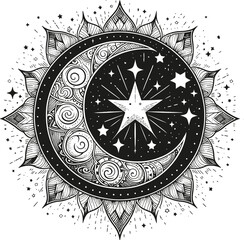 Isra Miraj Illustration line art with prayer mat, Kaaba in Mecca, giving sadaqah, Open Quran, Dates in a bowl