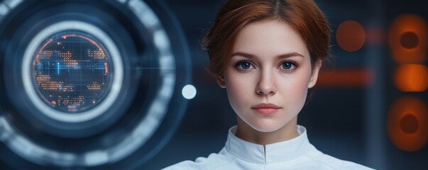 A futuristic portrait of a woman in a high-tech environment, featuring digital elements and a sleek, modern aesthetic.