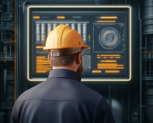 A worker in a hard hat observes a digital display with complex data and visuals, highlighting the intersection of technology and engineering.