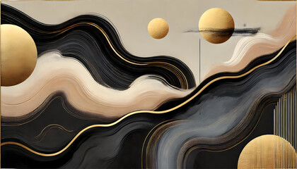 抽象的でエレガントなモダンアートデザイン、黒とベージュにゴールドアクセント