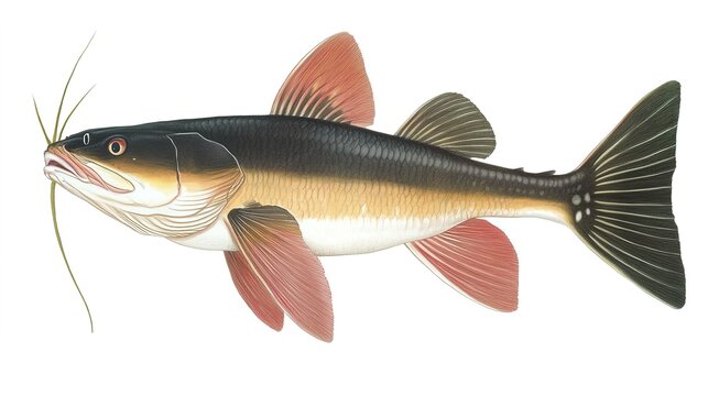 Close-up of a striking redtail catfish swimming in clear freshwater. This majestic aquatic species, known for its vibrant red tail and long whiskers, is native to the Amazon River. Ideal for wildlife,