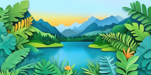 Scenic views of a tranquil lake surrounded by mountains and lush greenery, Serene landscape of a peaceful lake with mountains and vibrant vegetation