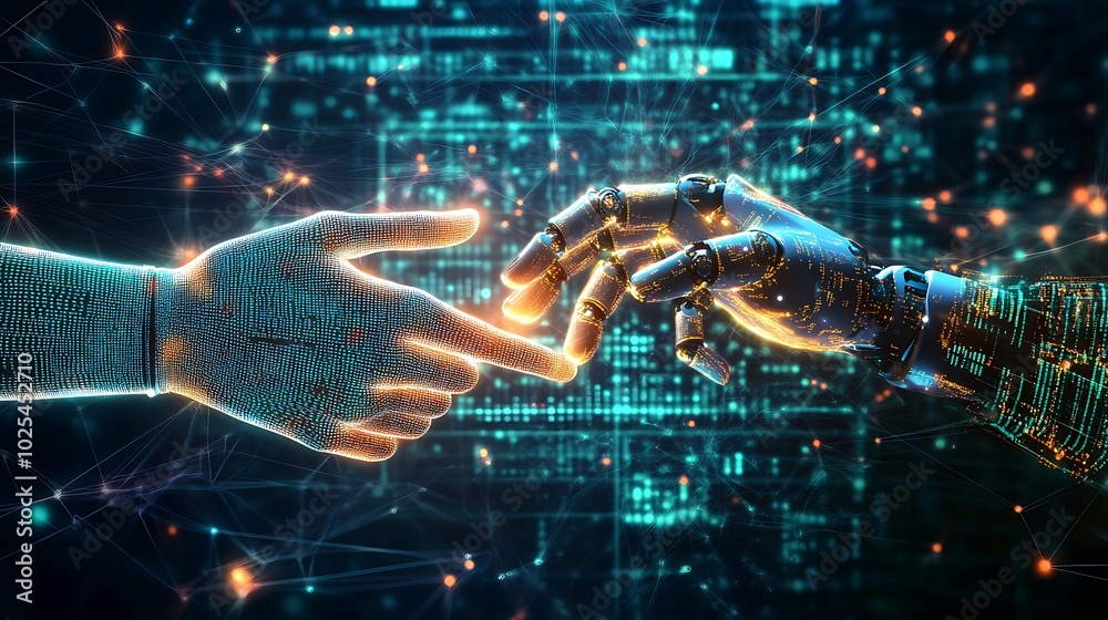 Poster human and robotic hands reaching towards each other in a digital space, symbolizing collaboration an