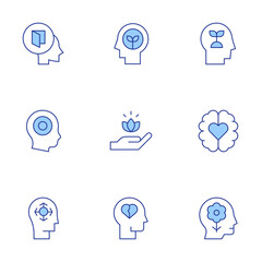 Mindfulness icons set. Line Duotone style, editable stroke. emotion, think, openmind, mindfulness, positivemind, mentalhealth, adhd