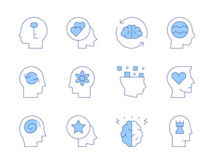 Mindfulness icons. Line Duotone style, editable stroke. faithful, empathy, adhd, confident, brain, treatment, intelligence, confused, strategic, mind, emotional, relax