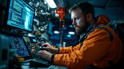Obraz premium focused technician operates advanced equipment in control room, surrounded by screens displaying complex data and systems. atmosphere is intense and professional, highlighting importance of precision