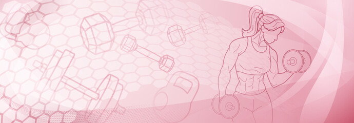 Pink fitness themed background. Stylized illustration of a female figure with muscular arms, holding what appears to be a dumbbell or weight, set against a background that includes abstract shapes.