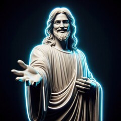 Jesus holding out his hand and smiling at the viewer on a black background. 3D rendering. Neon lights