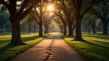 Obraz premium A scenic path lined with trees, bathed in the golden light of the sunrise. The path stretches towards the horizon, promising a peaceful journey.