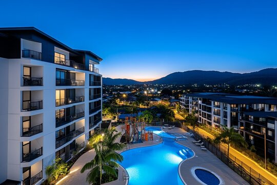 Residential complex with communal amenities like a pool, playground, and shared BBQ areas, promoting a sense of community living