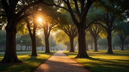 A misty morning path through a park, with the sun shining through the trees.