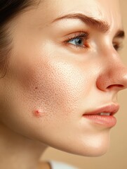 Fototapeta premium Close-up portrait of a young woman with visible acne and natural skin texture