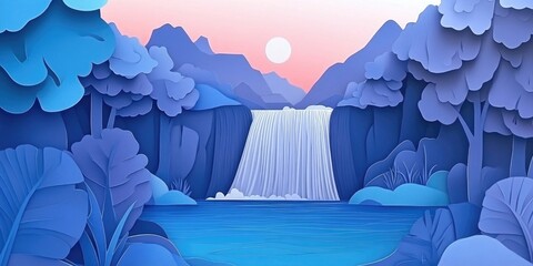 Scenic view of a river with a stunning waterfall amidst a picturesque landscape, Scenic river waterfall in a beautiful landscape