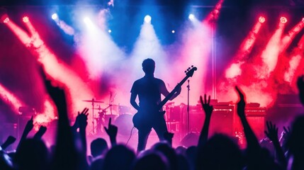 Silhouette of a guitarist playing on stage with a crowd of people in front of him.