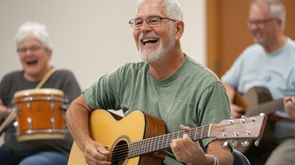 Group of retirees enjoying music lesson, smiling and playing instruments together, creating joyful atmosphere of learning and camaraderie