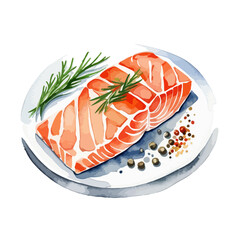 Watercolor illustration of chopped salmon steak with spices on a plate isolated on white background. Vector illustration drawing by hand for background, banner, menu, web and over