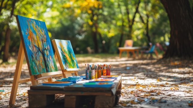 Colorful paintings and art supplies are set up in serene outdoor environment, surrounded by lush greenery. This scene captures essence of creativity and relaxation during art therapy session