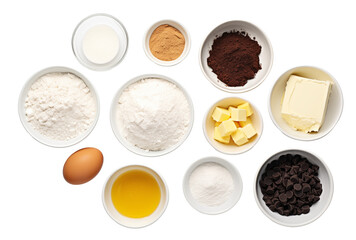 Fototapeta premium Baking Ingredients For Chocolate Cookies Arranged In Bowls On A Transparent Background