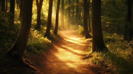 Fototapeta premium serene forest path illuminated by soft sunlight creates peaceful atmosphere, inviting meditation and reflection amidst natures beauty