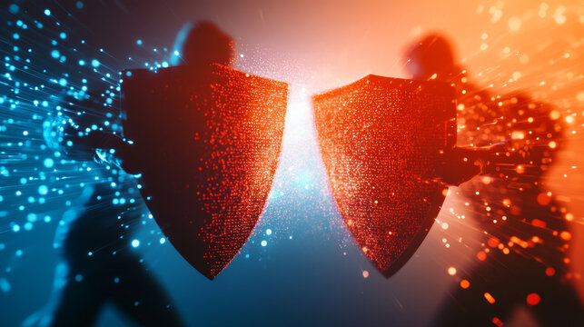 Cyber warriors engage in virtual battlefield, clashing with glowing shields amidst vibrant explosion of colors, symbolizing intensity of digital combat