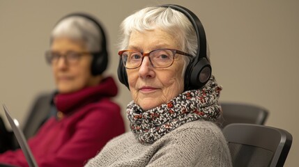 Seniors engaged in creative photography workshop, wearing headphones and focused on their tasks. atmosphere is vibrant and encouraging, fostering creativity and connection