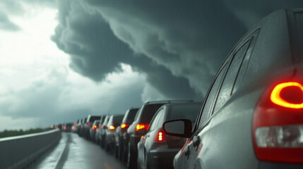 long line of cars evacuating over bridge during severe storm, with dark clouds and rain creating tense atmosphere. scene captures urgency and concern of situation