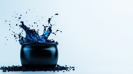 Splashing blue liquid from a black pot on a white background.