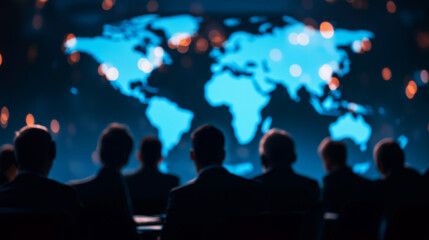 group of professionals engaged in virtual meeting, discussing cybersecurity innovations against backdrop of glowing world map. atmosphere is focused and collaborative