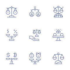 Balance icons set. Thin Line style, editable stroke. justicescale, candidates, justice, balance